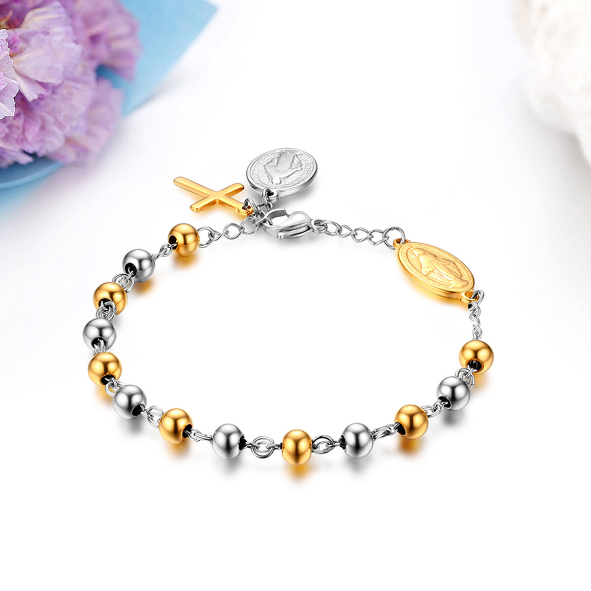 Women Men Unisex Stainless Steel Virgin Mary Cross Pendant Beaded Chain Bracelet