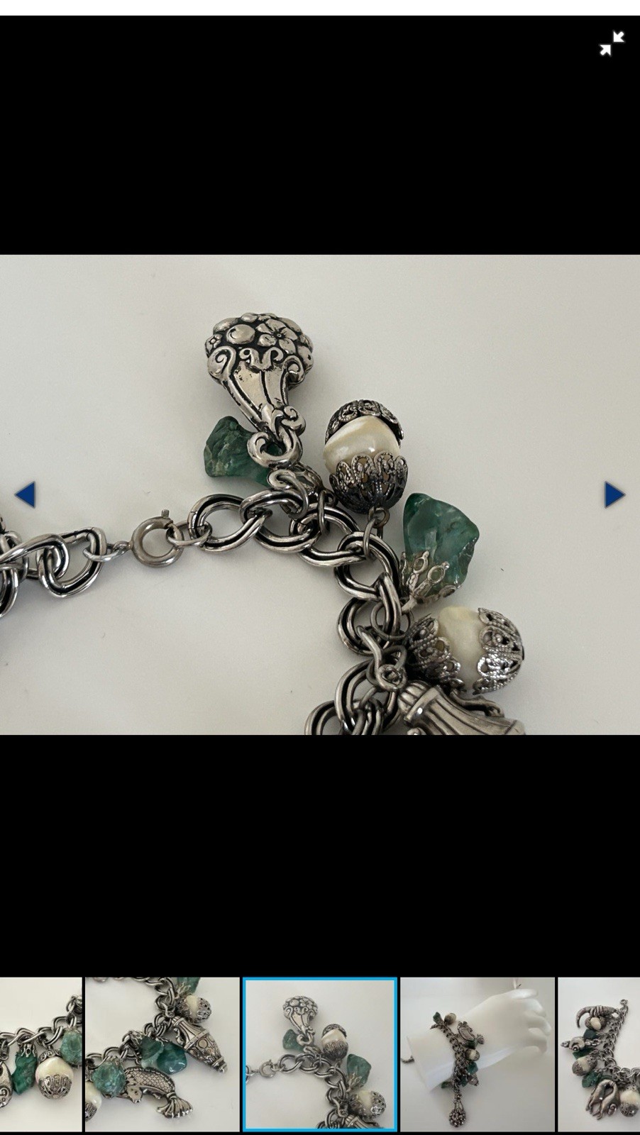 Silver Tone Cable Chain Charm Bracelet Lobster Clasp Green Stone Animal