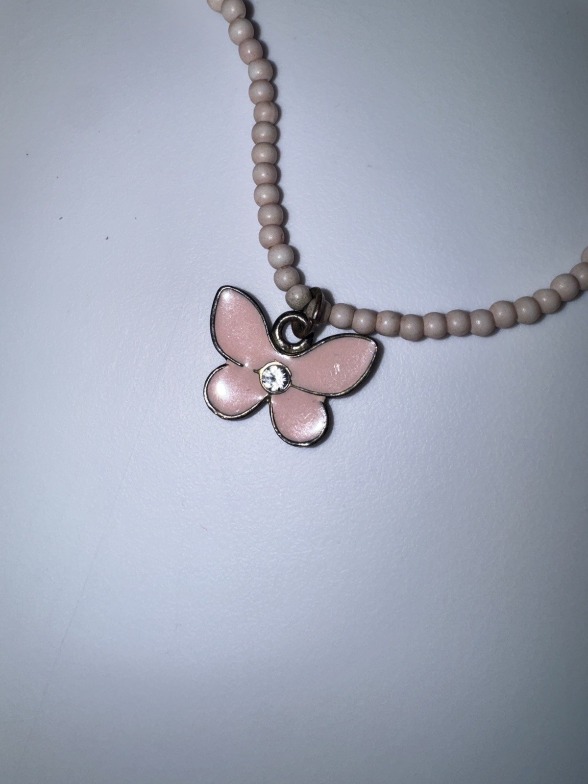 Pink Beaded Ball/Bead Necklace Butterfly Charm Pendant Clear Crystal