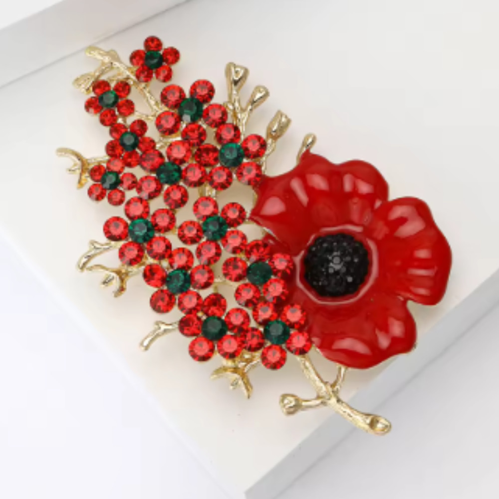 Beautiful Poppy Flowers Brooch Pin – Rhinestone Enamel Jewelry Gift USA