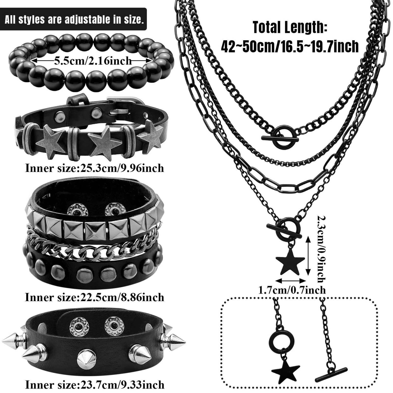 Fscwlmon 5 Pcs Layered Star Grunge Emo Studded Bracelets Goth A