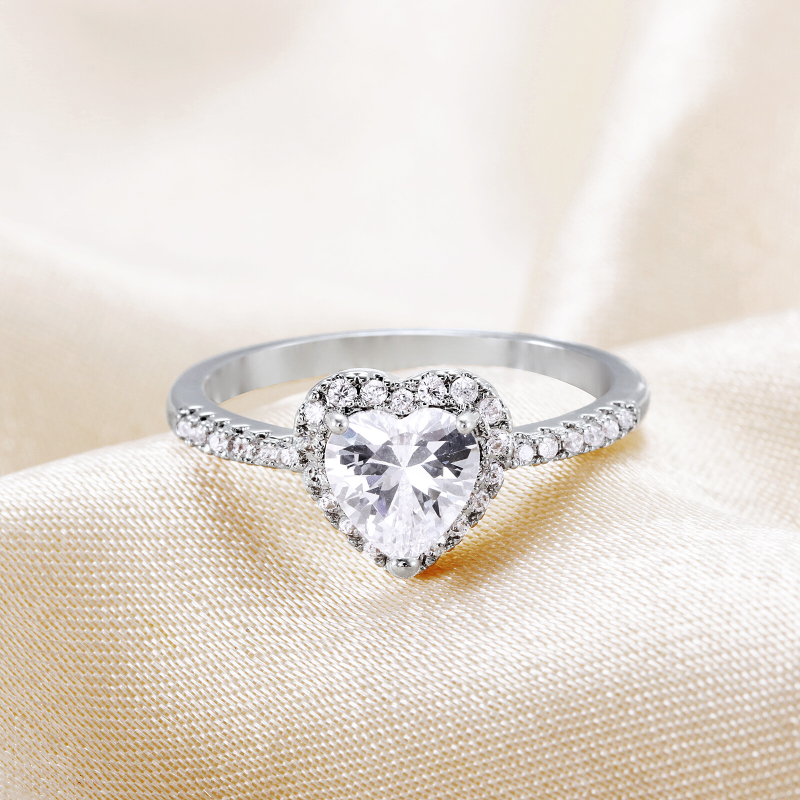 Women Stainless Steel Heart Cubic Zirconia CZ Solitaire Engagement Wedding Ring