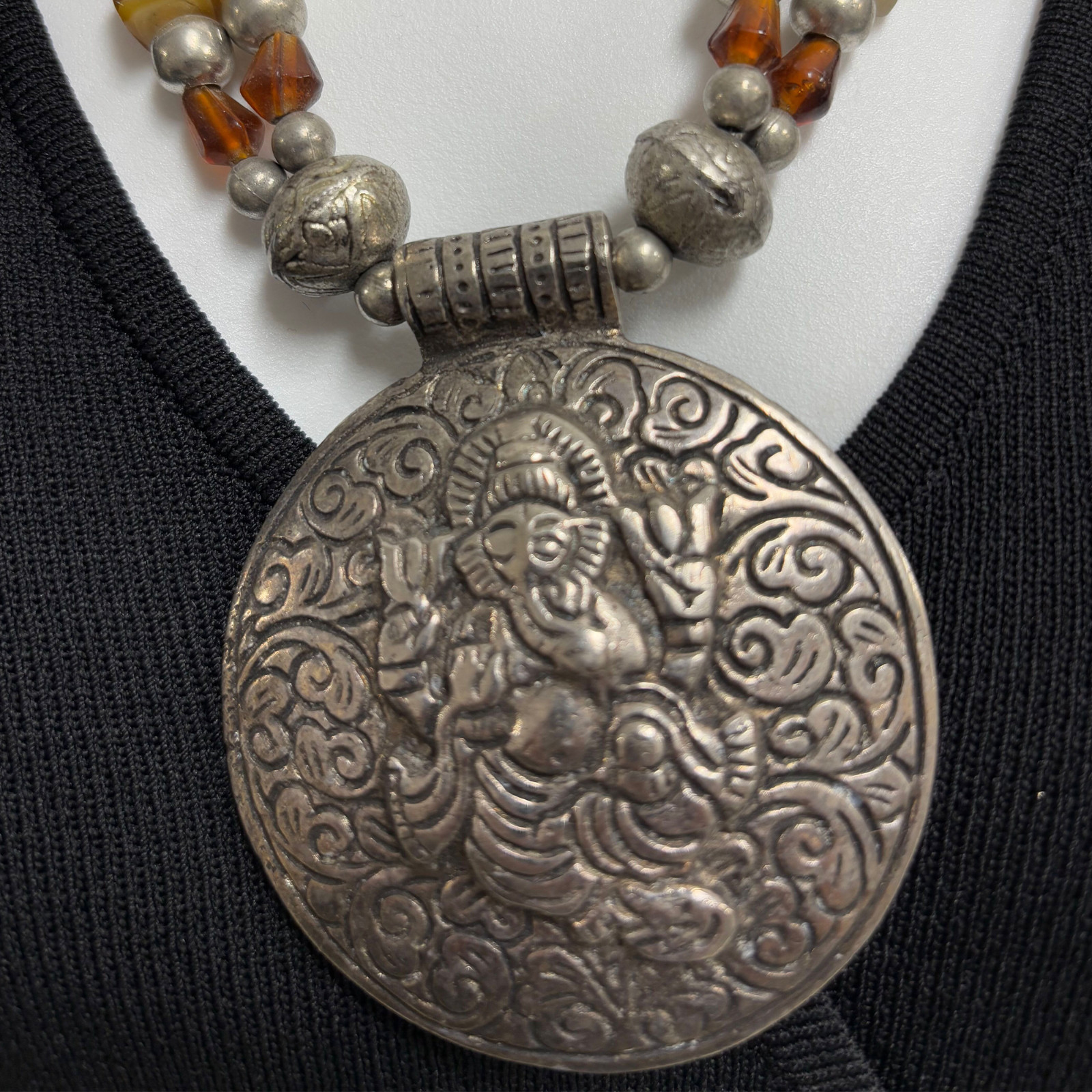 Ganesh/w Earth-Tone Bead Indian Vintage Bead Handmade Pendant Necklace