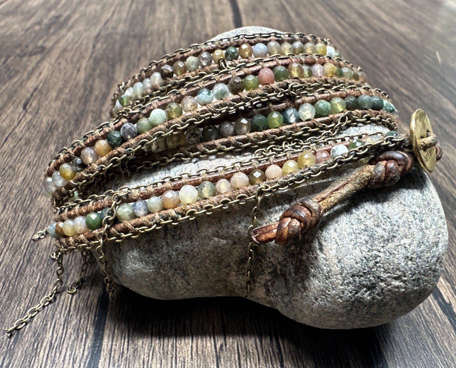 **CHAN LUU** 33” 5x Semi-Precious Stone Leather Cord Wrap-Around Bracelet