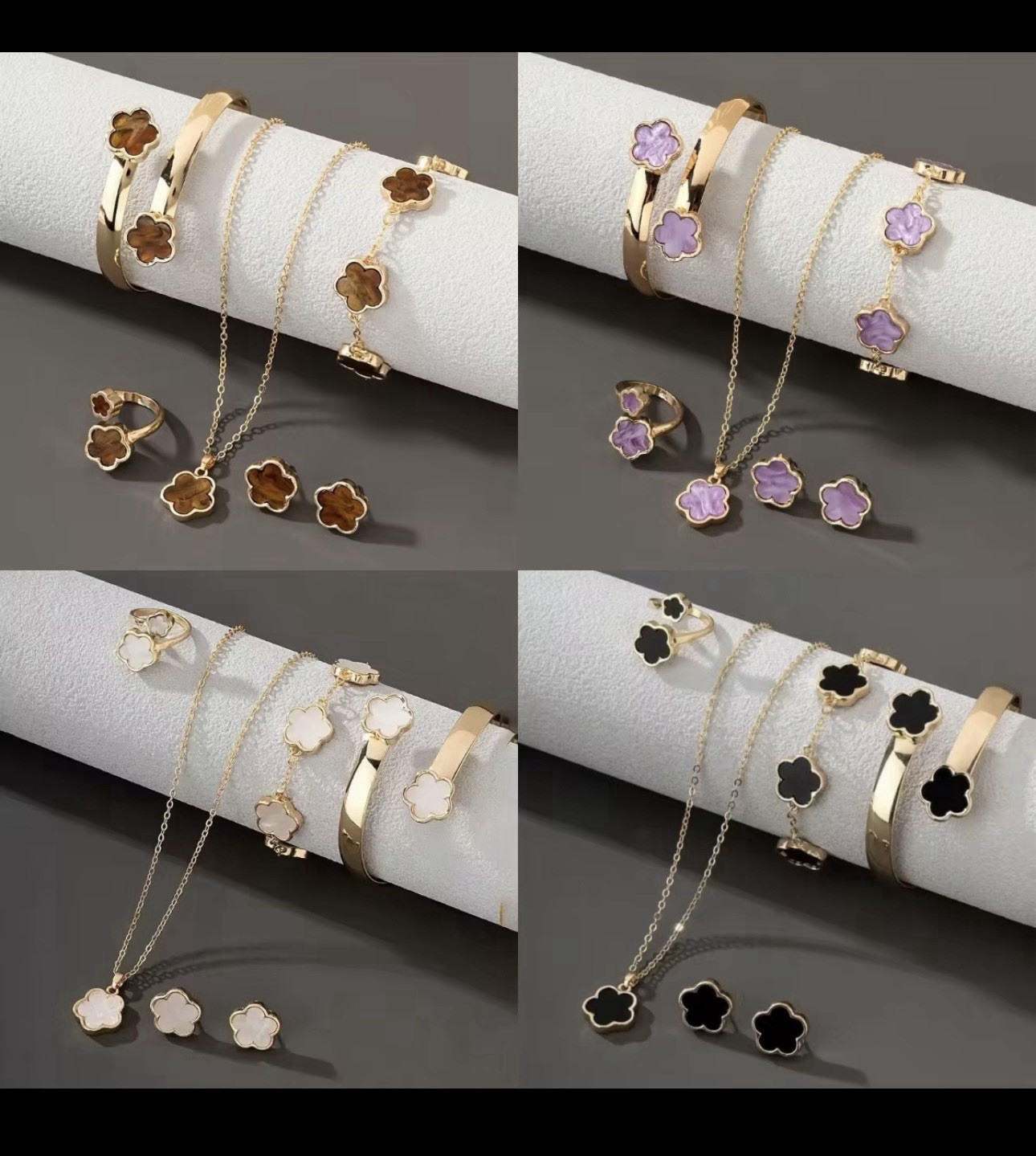 Gold Tone Red Clover Flower Jewelry Set Necklace Bracelet Earrings Ring