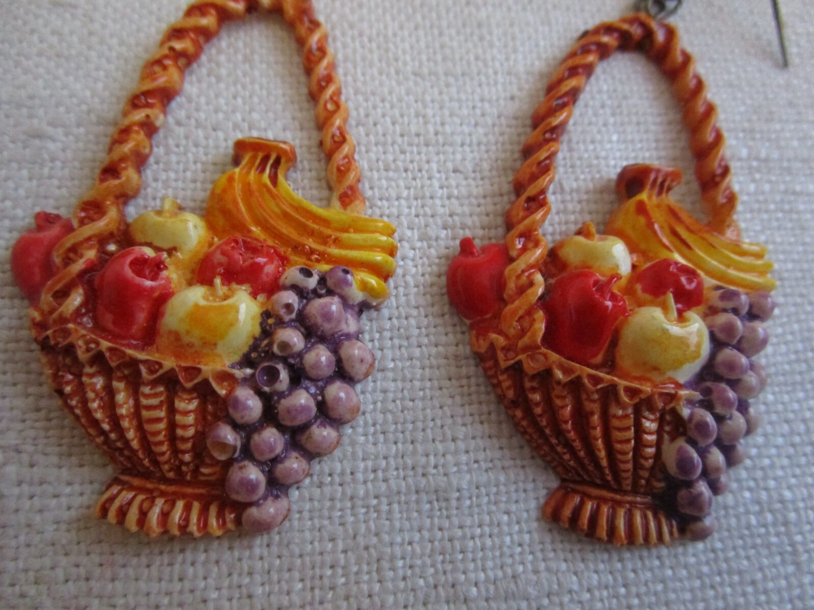 Wood Basket/fruits Dangle pierced Earrings, enamel/ceramic/wood NO24-29