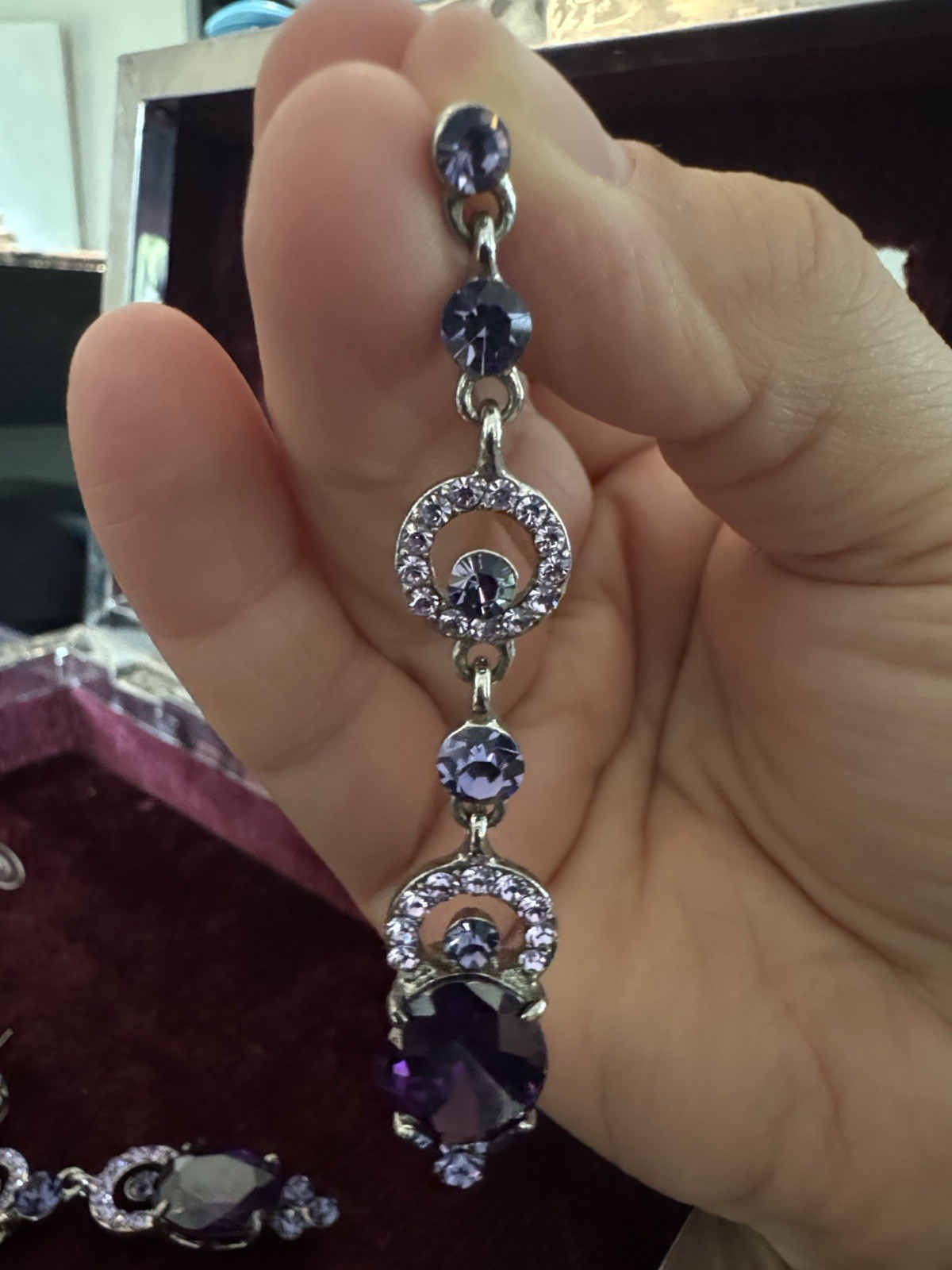 Silver Tone Purple Simulated Crystal Rhinestone Dangle Earrings 3in Butterfly