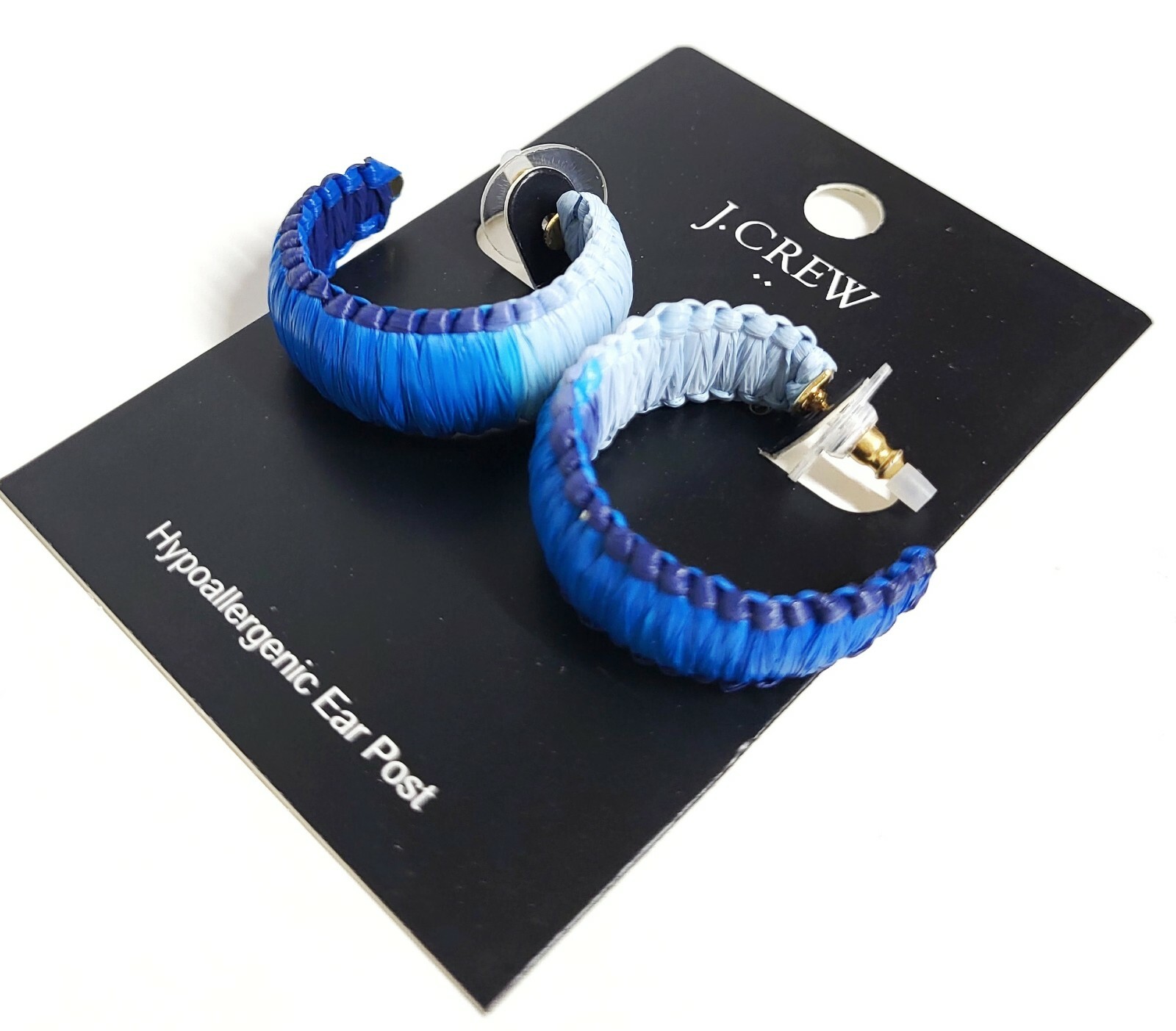 J.Crew Factory Raffia Wrapped Hoop Earrings Blue Ombre Multi Hypoallergenic NWT