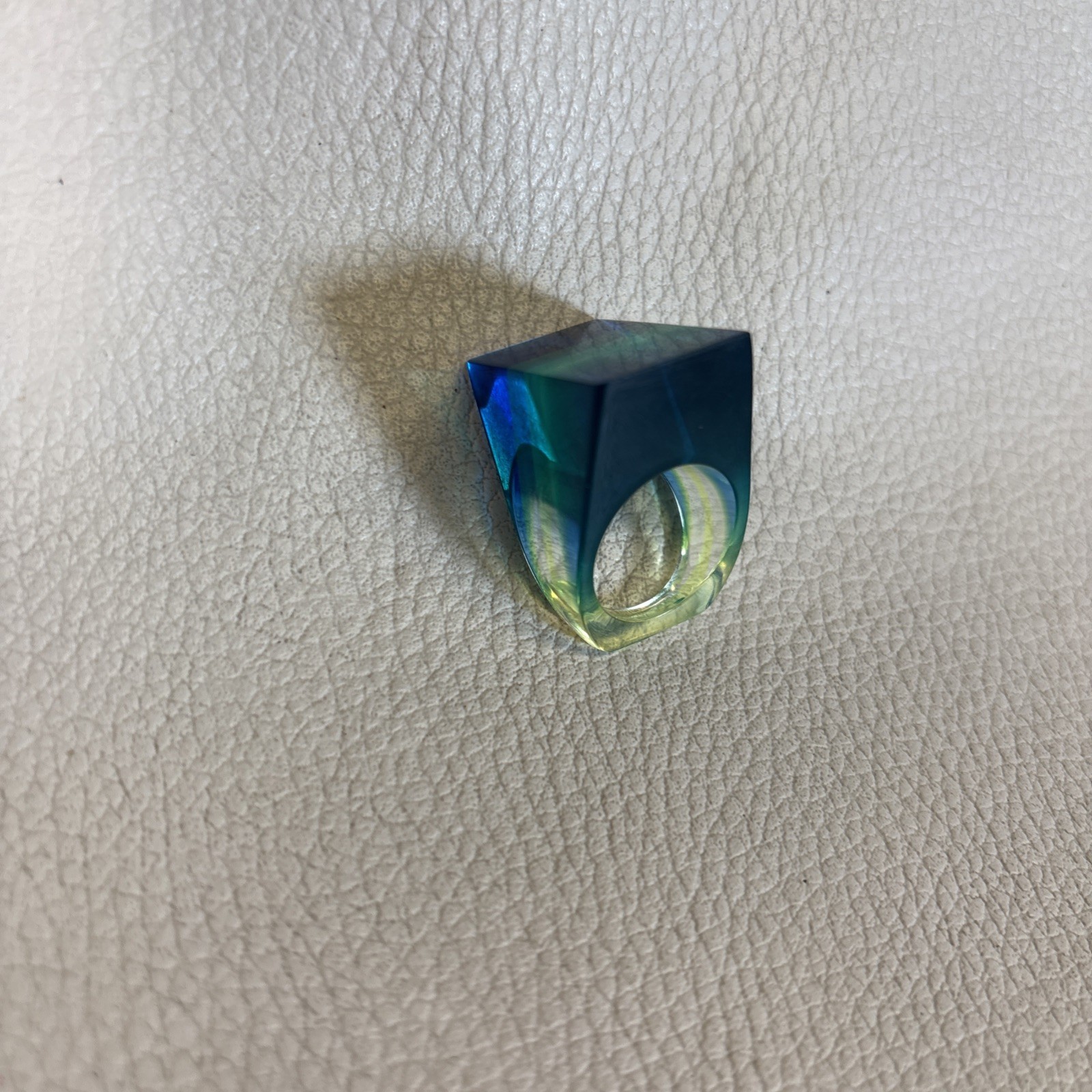 Vintage Resin Lucite Plastic Blue/Green Striped Multicolor Ring MOD Boho Size 6