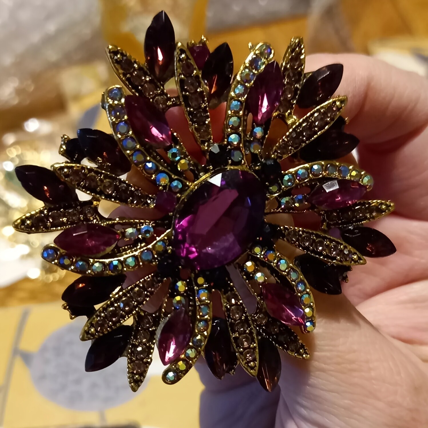 Vintage Style Large Sparkly Purple Flower Brooch Pin with Gemstones