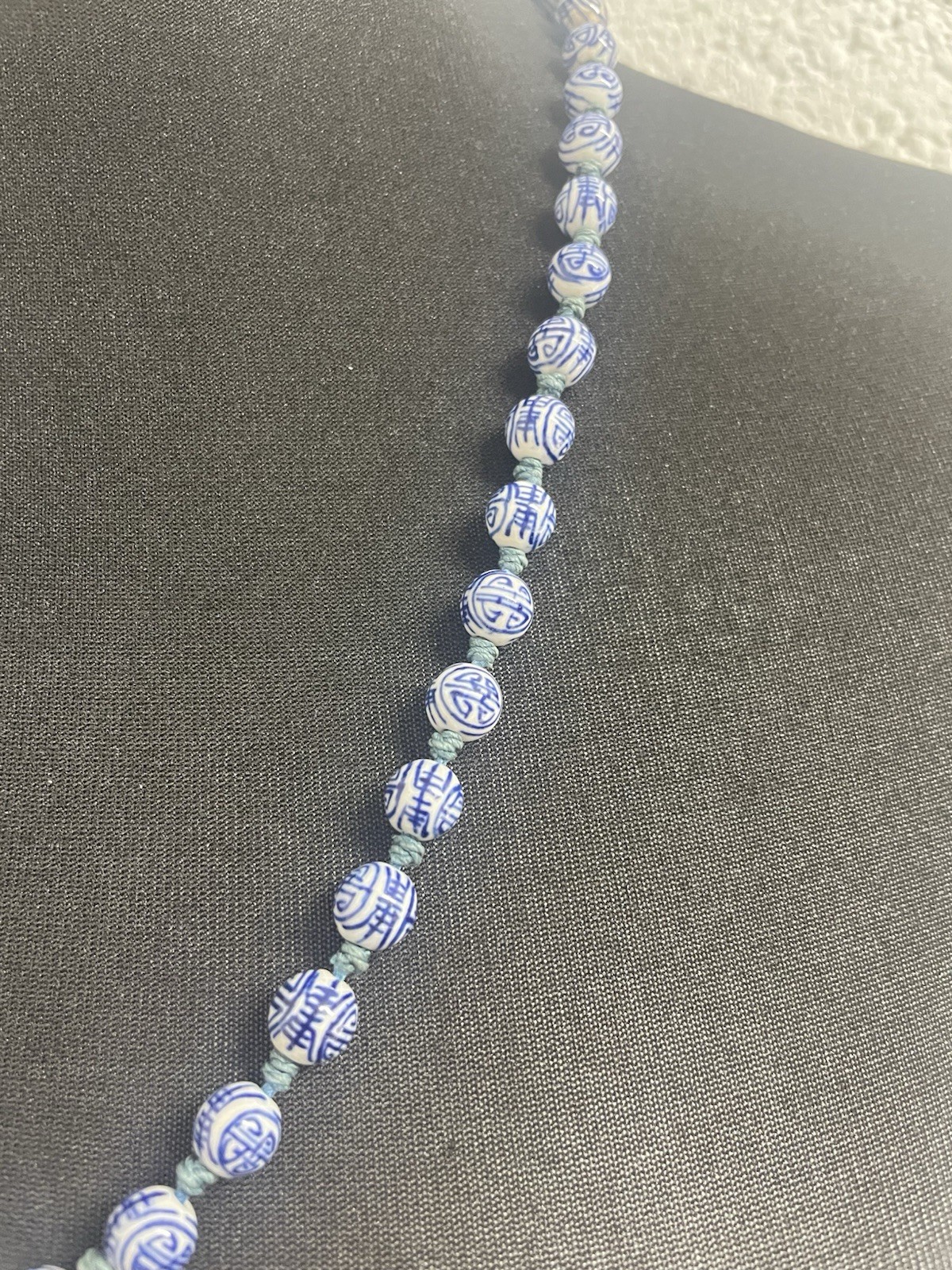 Vintage Chinese Blue &White Porcelain Hand Painted Beads Longevity Necklace