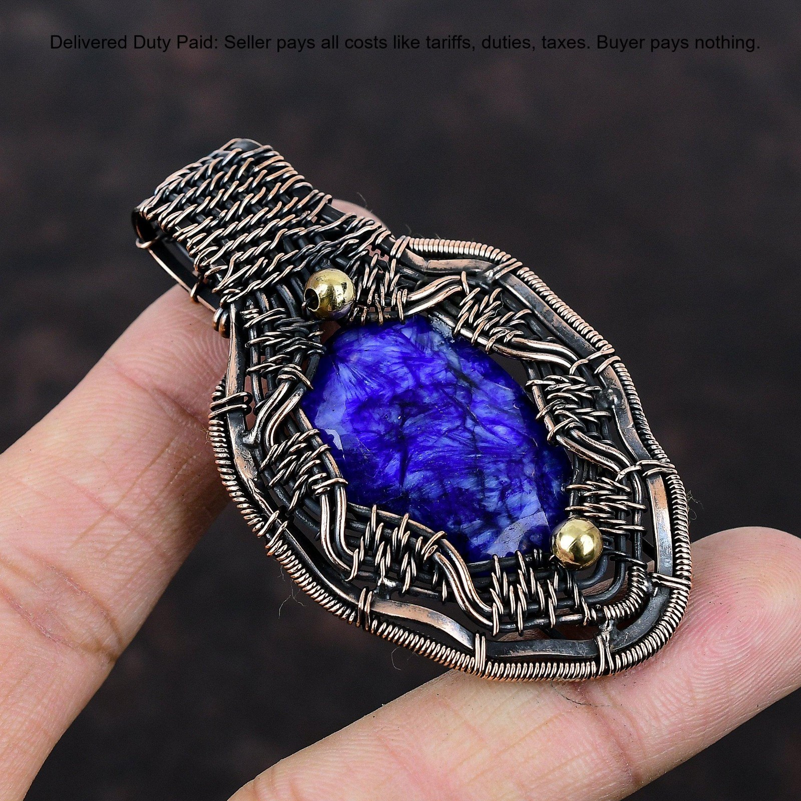Oval Blue Saphire Gemstone Wedding Wire Wrapped Wife Boho Pendant Jewelry Copper