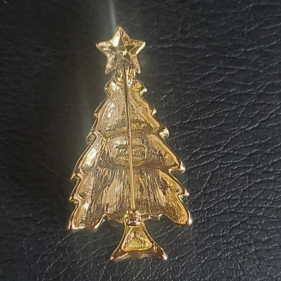 Monet Christmas Tree Brooch Green Enamel Gold Tone Glitter Star Holiday Pin