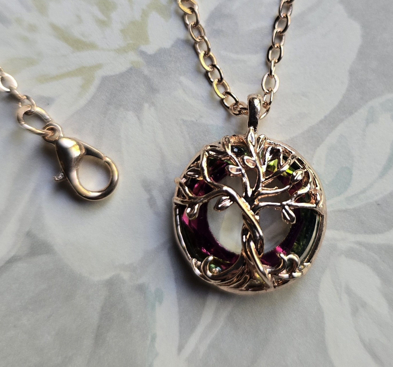 Copper-Rose Tree of Life – gnarled tree with crystal circle glass framing.
