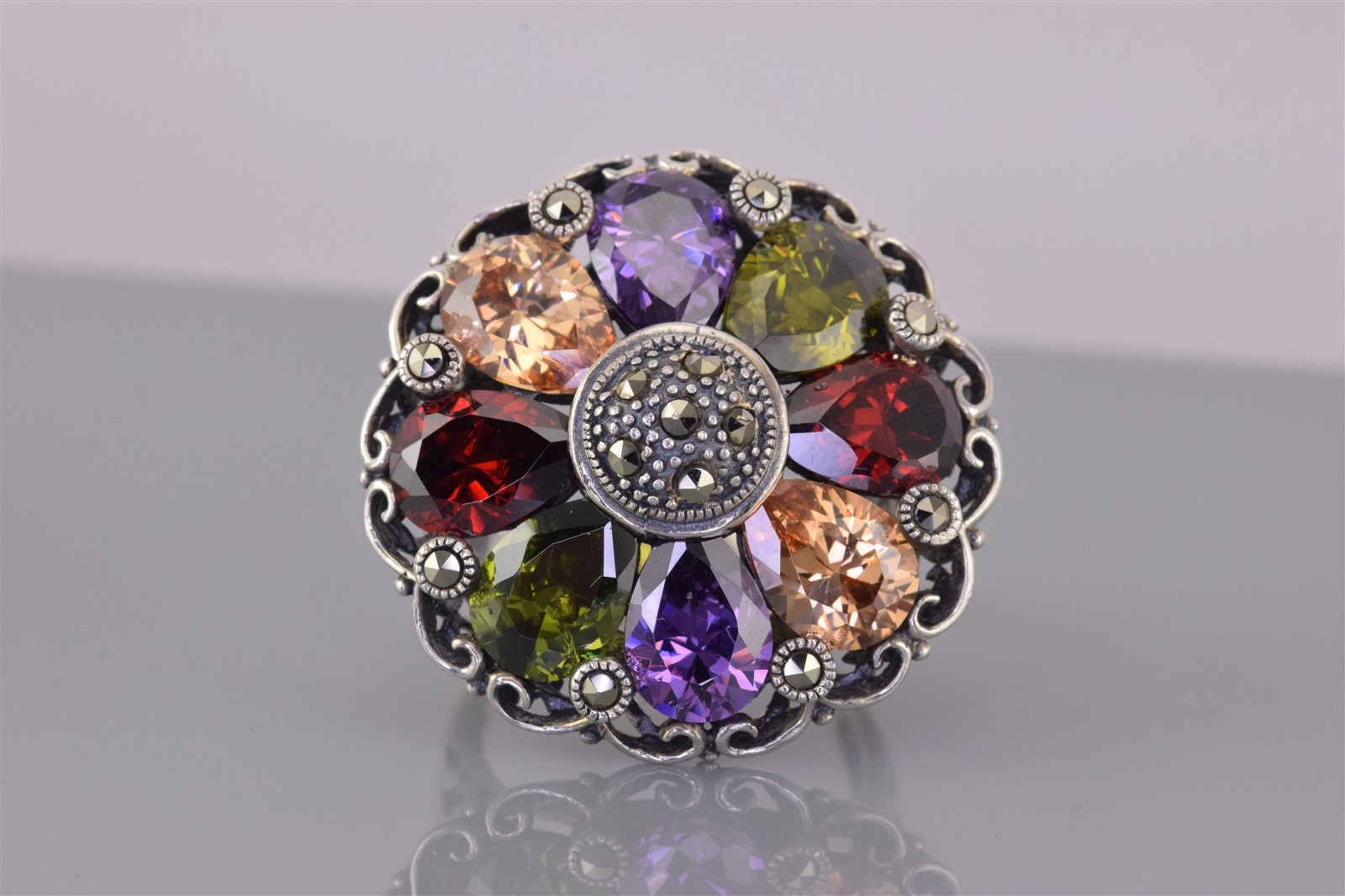 Sterling Silver 30mm Colorful Pear Cut Flower Statement Band Ring 14g 925 Sz: 9