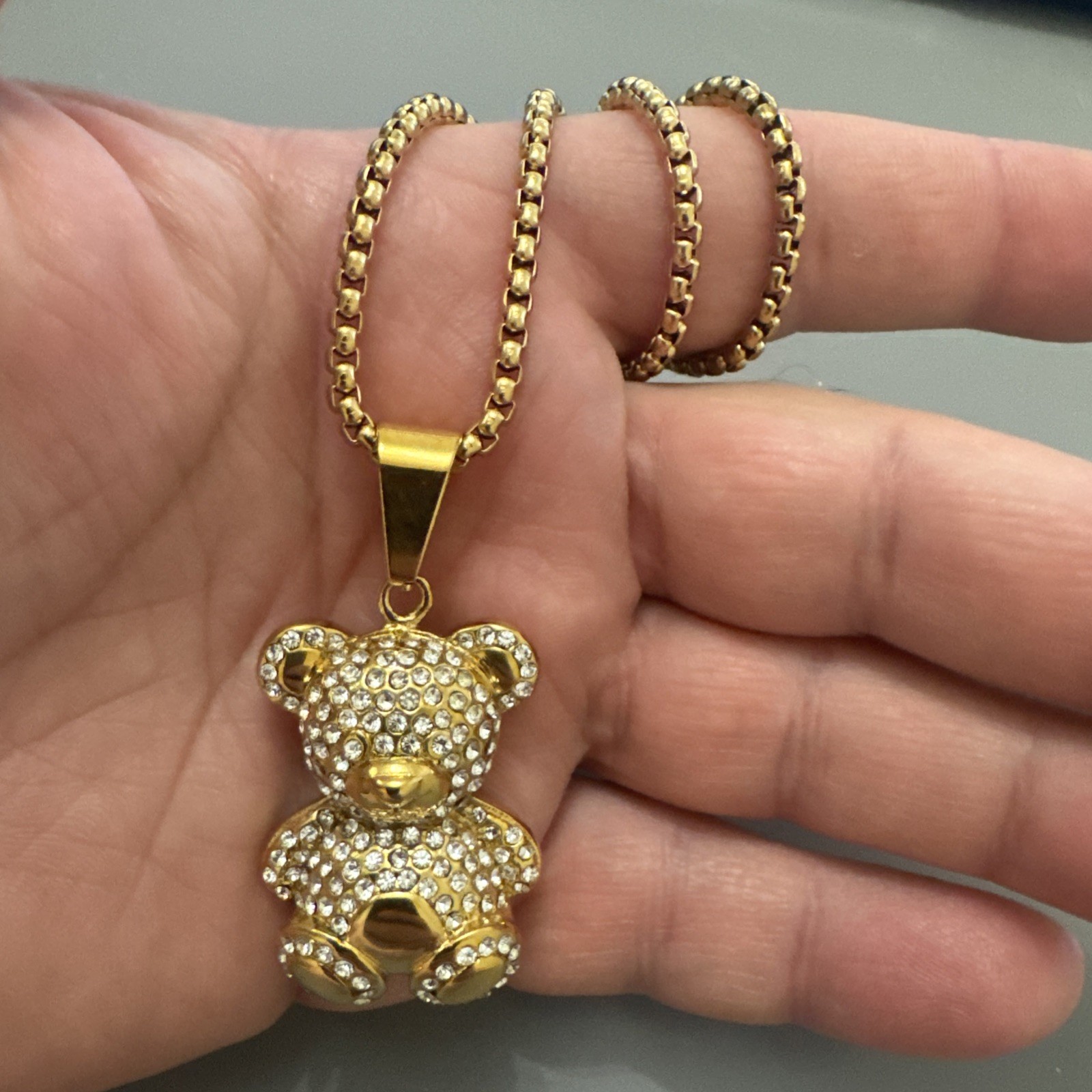 Teddy Bear Studded Gold Plated Stainless Steel Pendant 24 Inch Necklace Gift Her