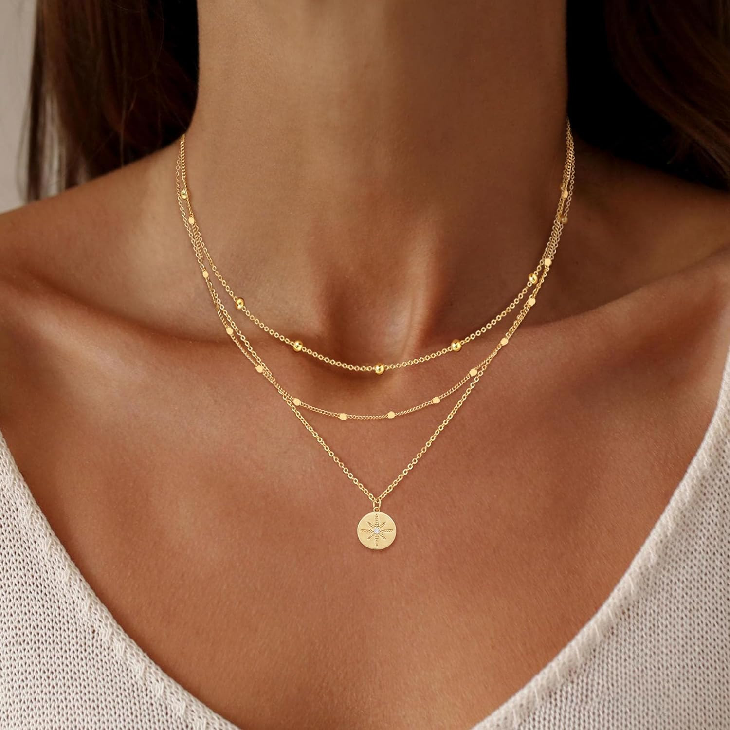Layered Necklaces for Women, Dainty 14K Gold Plated Circle Peadant Chain Necklac