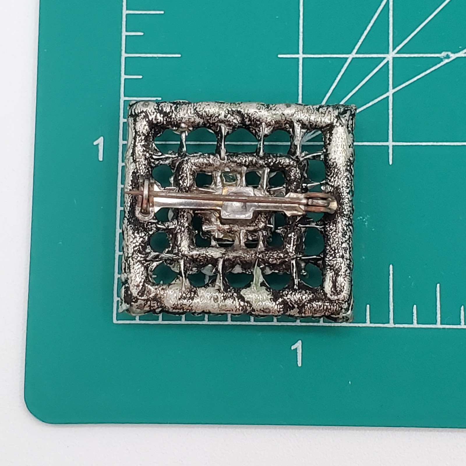 VTG Aurora Borealis Crystal Brooch 1in Square Silver Tone Blue Layered AB Pin