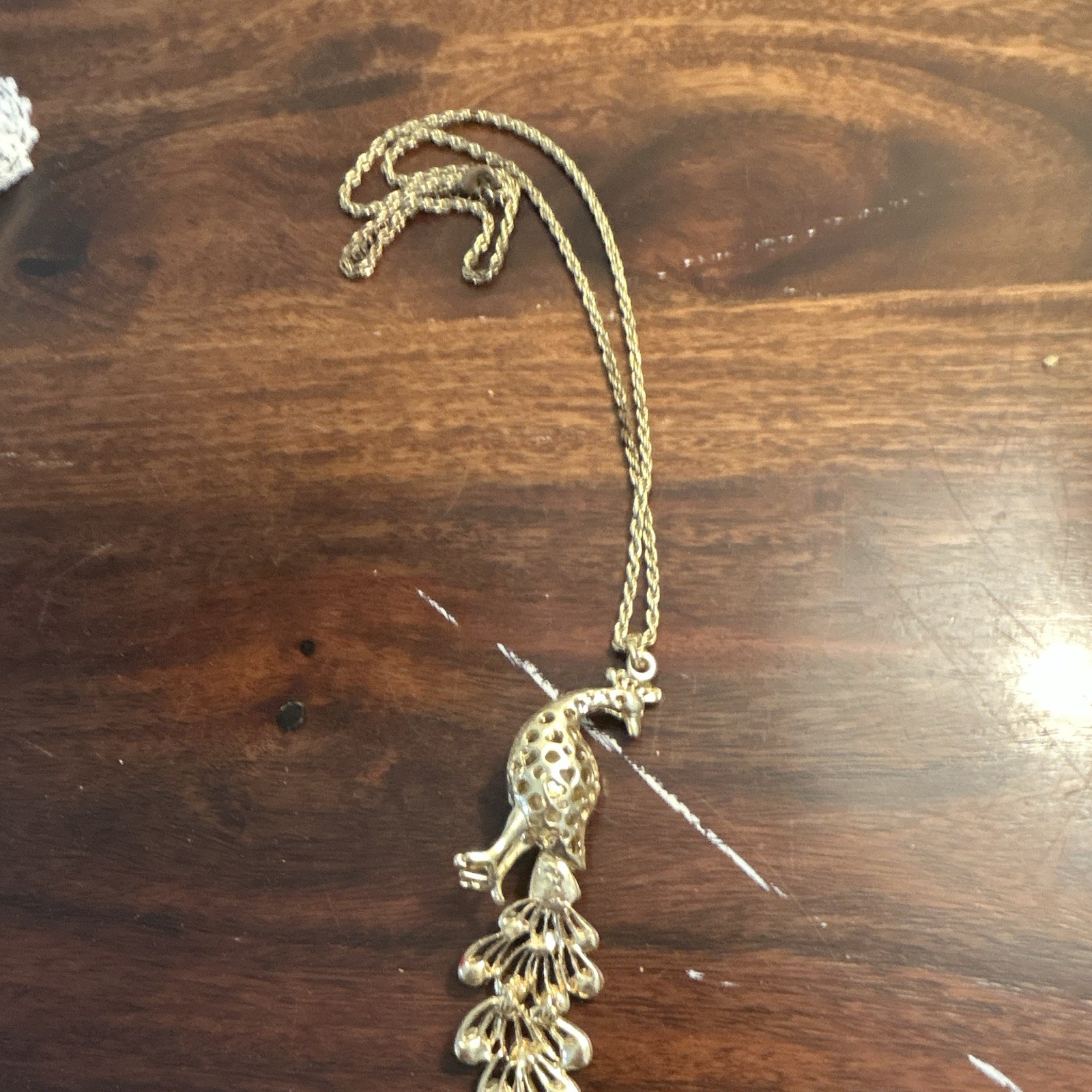 Gold Tone Rope Chain Necklace Peacock Bird Charm Pendant w/ Blue Rhinestones
