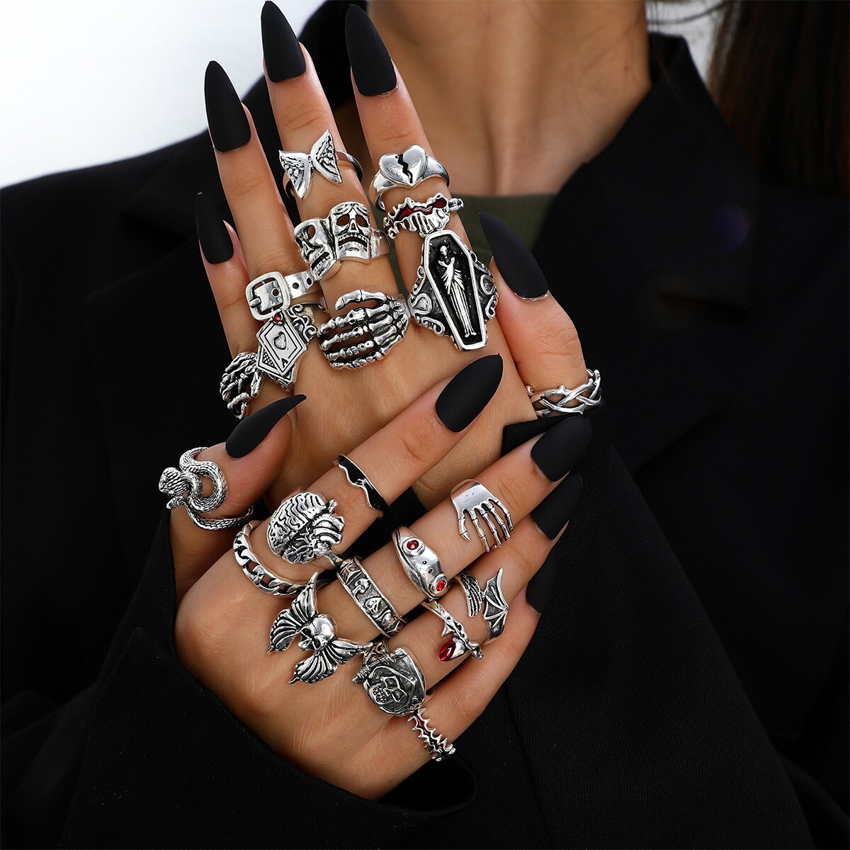 47pcs Antique Silver Gothic Rings Wholesale Mixed Vintage Metal Jewelry Set