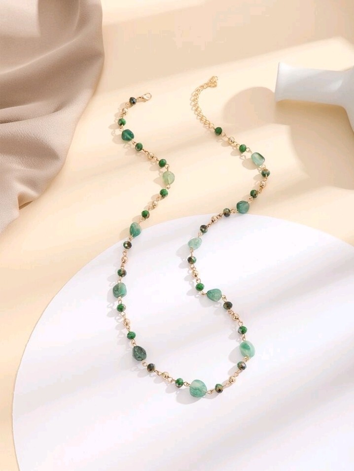 Green Stones with Gold Accent Fashionable Long Necklace For Everyday Wear