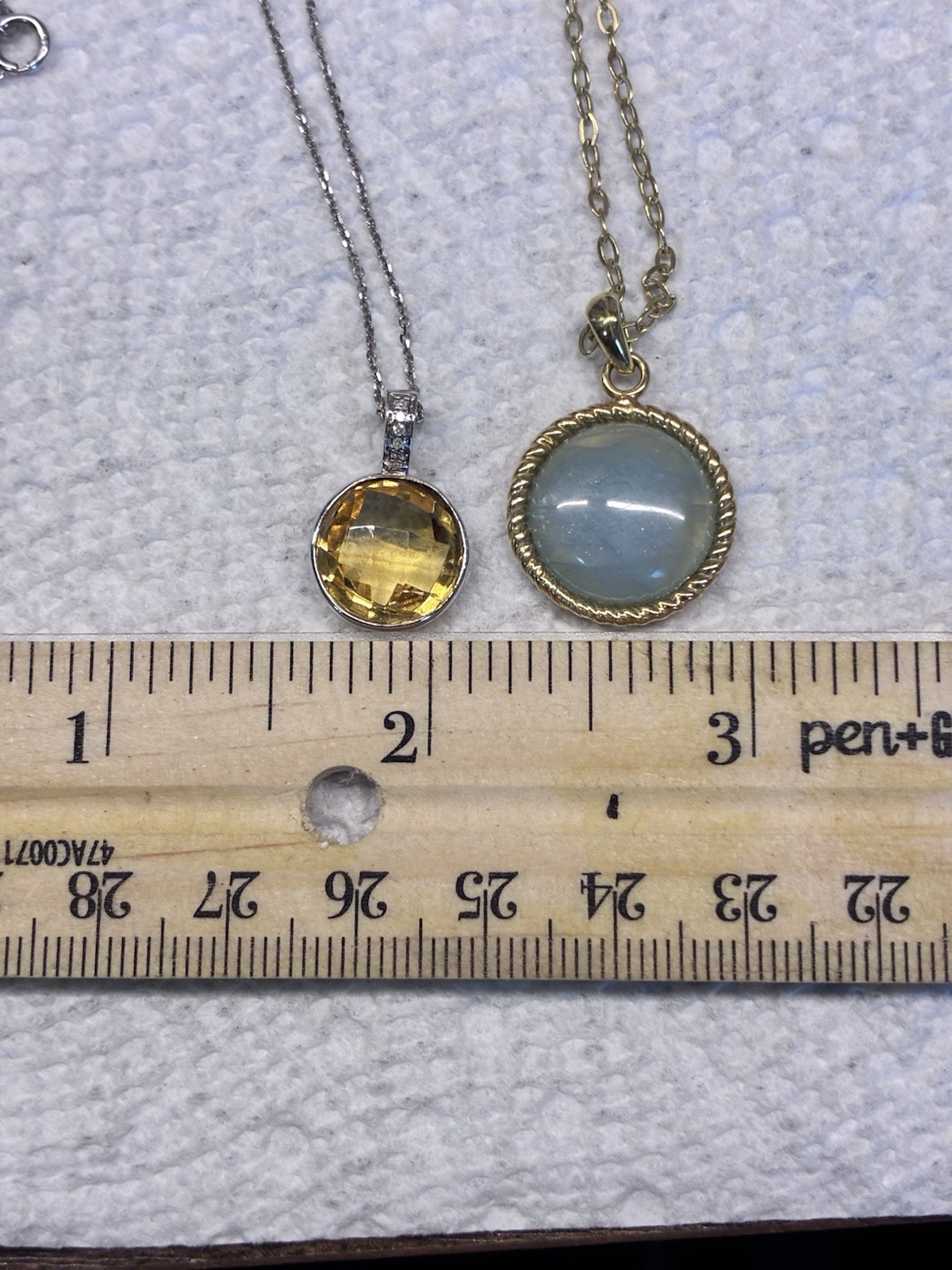 2pc 925 Italy Signed Round Bezel Pendant Necklaces Yellow and Blue Stones