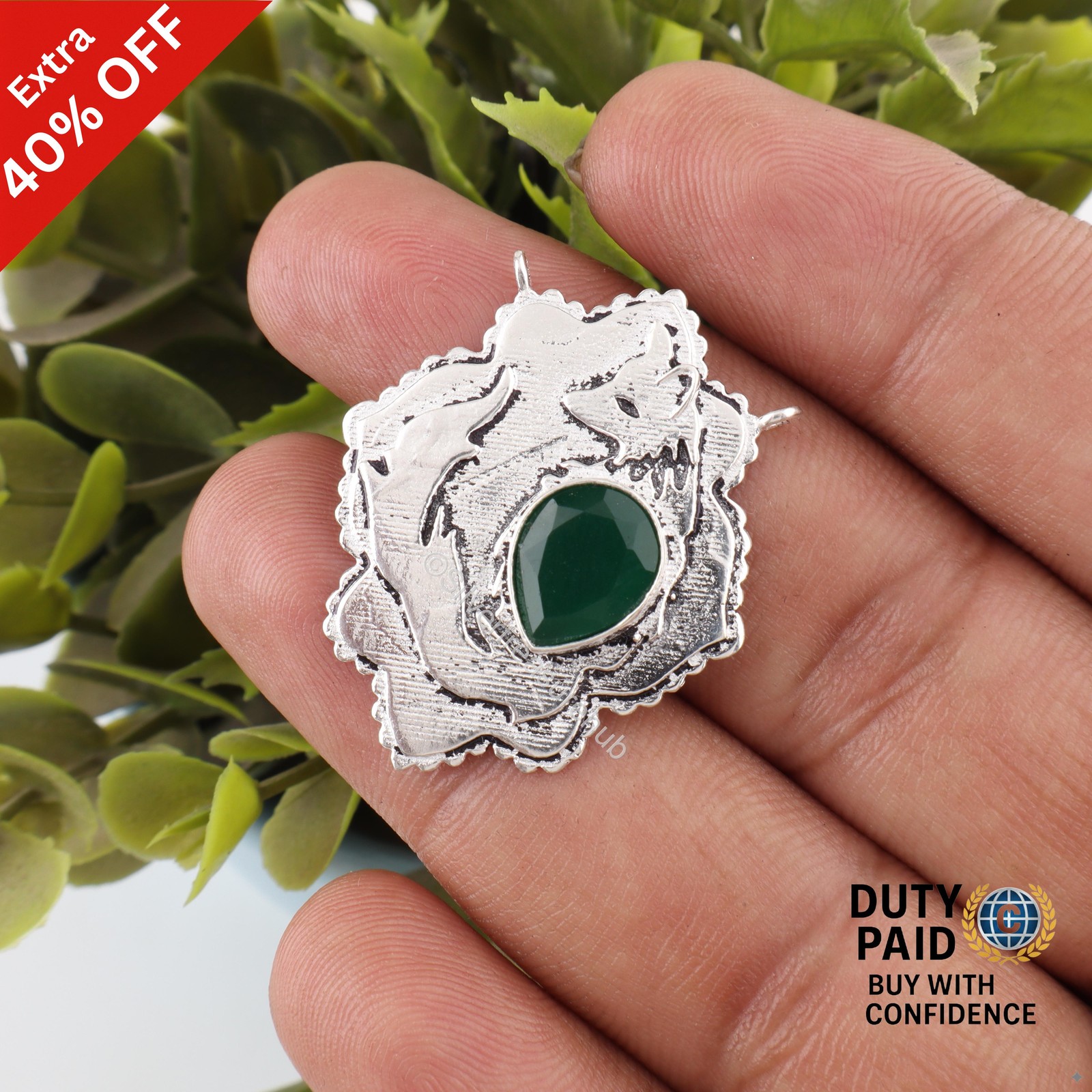 925 Sterling Silver Pear Green Onyx Stone Sister Engagement Anniversary Pendant