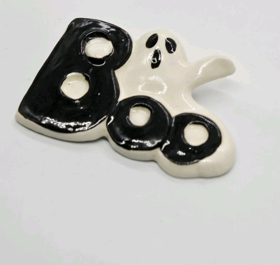 GHOST Brooch Black And White Ceramic Enamel Halloween BOO Artisan 2 in