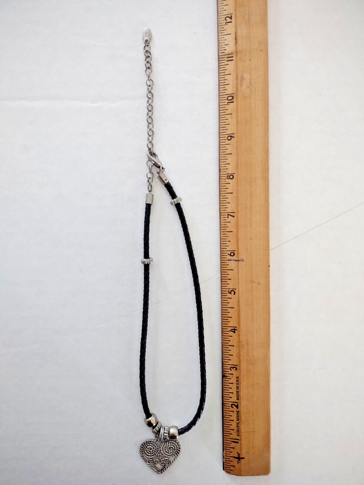 Vintage Silvertone Heart Pendant Choker Necklace Black Braided Leather Cord