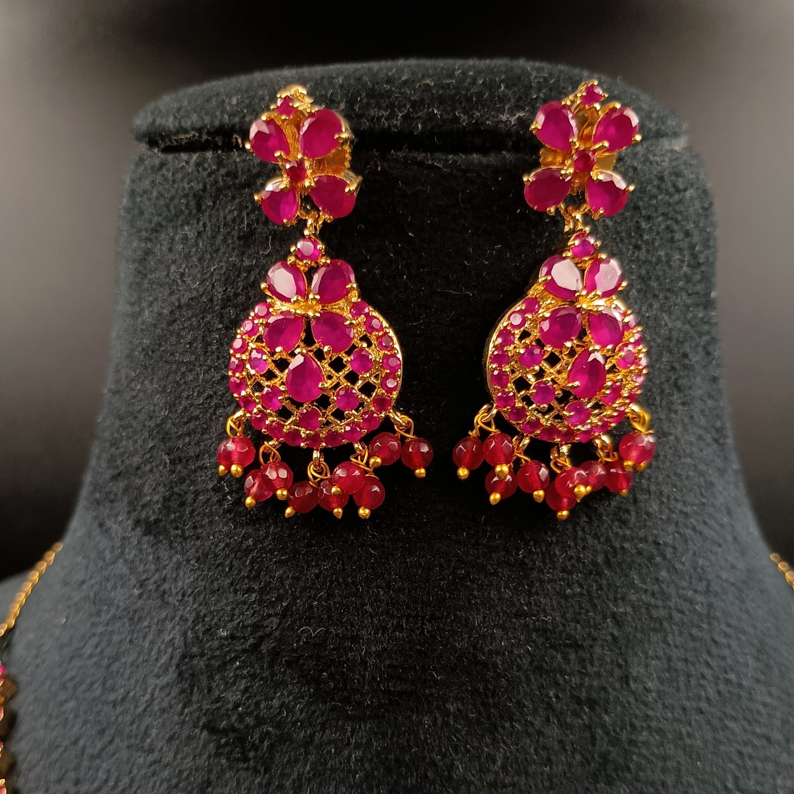 Red Ruby Gemstone Jewelry Set 22K Yellow Gold Plated Necklace Earrings Bollywood