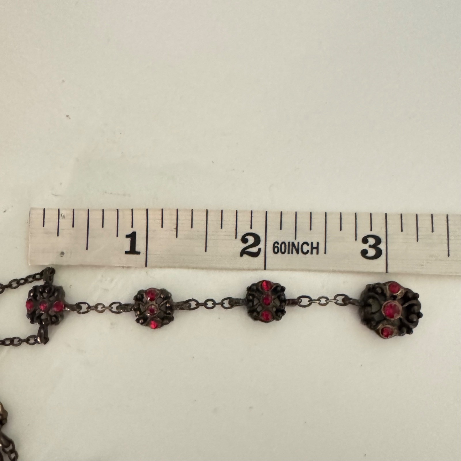 Gothic Red Rhinestone Y Drop Necklace Filigree Rosary Style Antique Bronze Goth