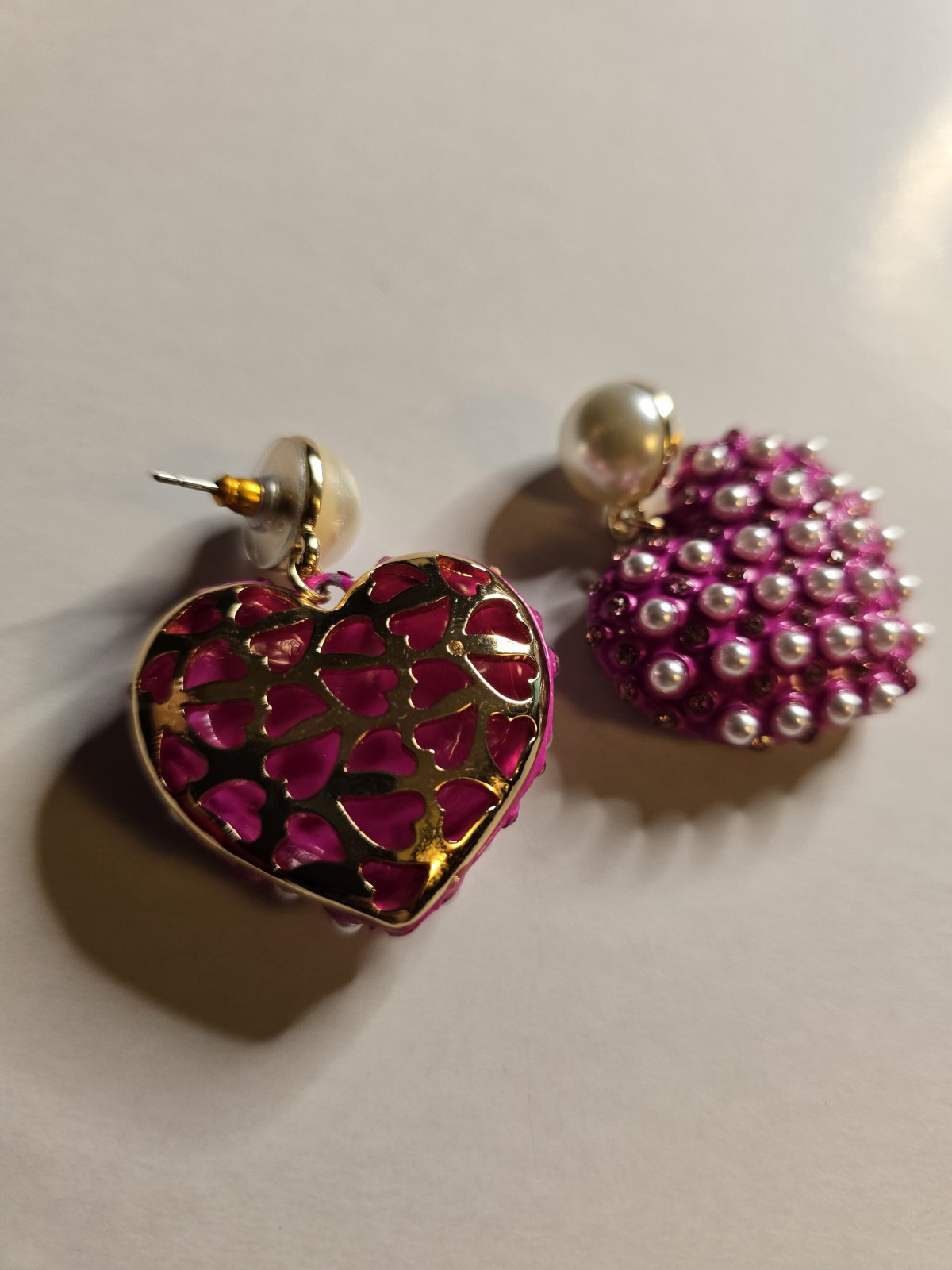 BETSEY JOHNSON Pink Heart Shape Drop Earrings With Pearl Accents