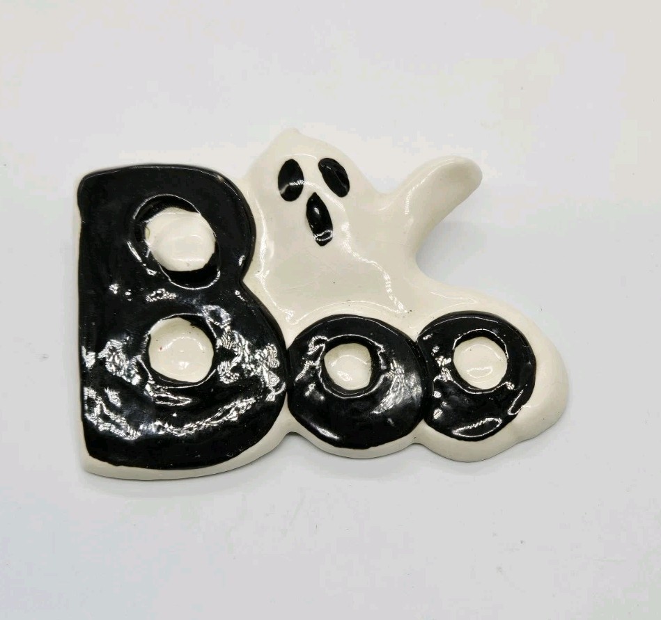 GHOST Brooch Black And White Ceramic Enamel Halloween BOO Artisan 2 in