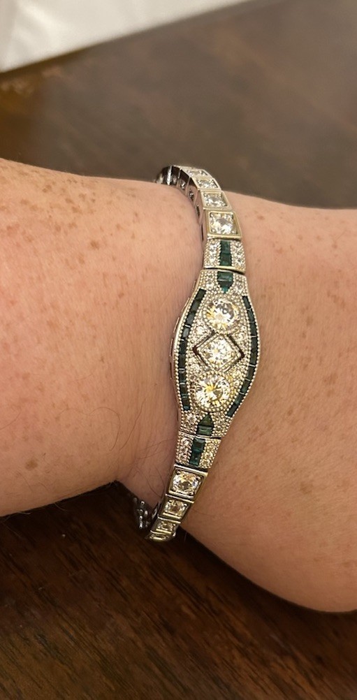 Silver Tone Emerald Green CZ And Diamond CZ Art Deco Inspired Bracelet NWT