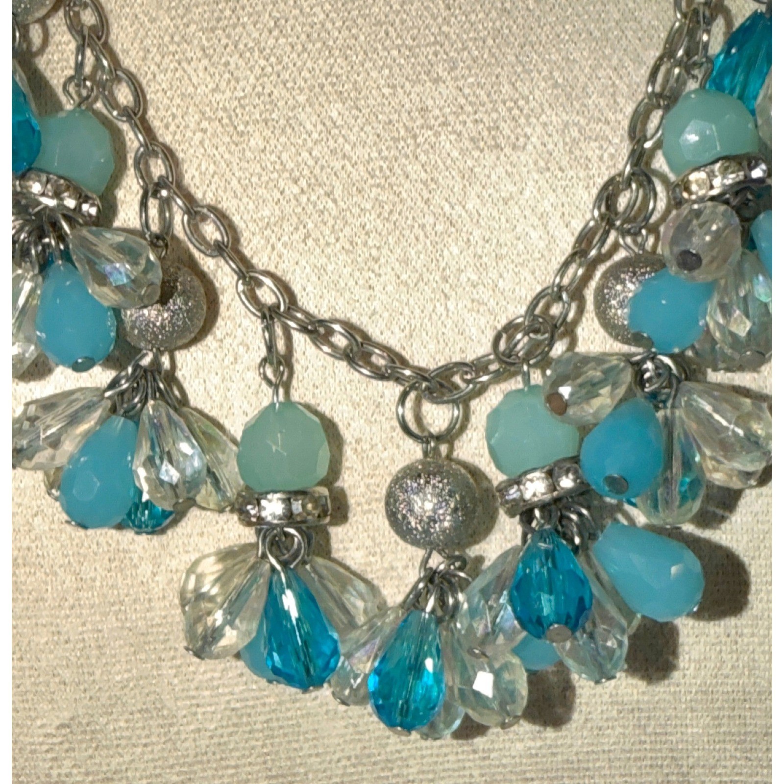 Blue Teal Clear Faceted Cluster Bead Necklace Silver Tone Chain 16-19″