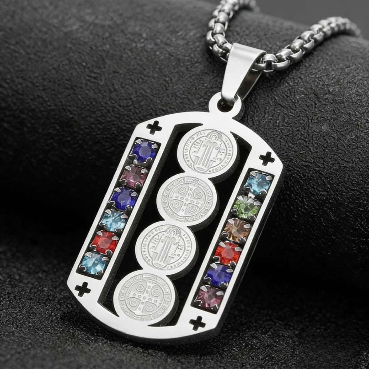 Stainless St. Benedict Medal Pendant Colorful Zirconia Religious Unisex Necklace