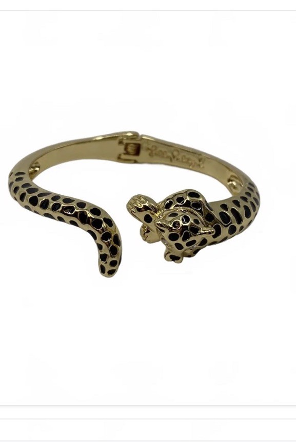 Lilly Pulitzer Signed Gold & Black Enamel Cheetah Hinged Cuff Bracelet set