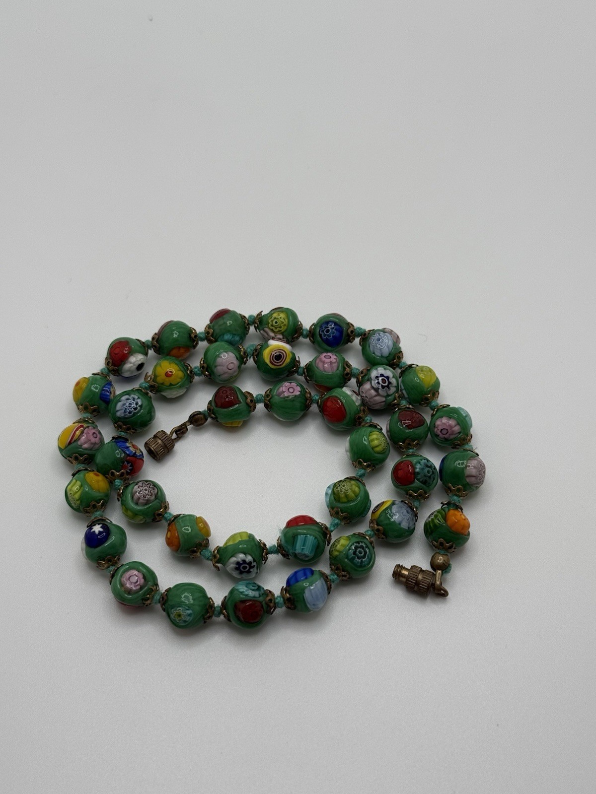 Italian Murano Green Multicolor Glass Round Beaded Necklace 19 in w Barrel Clasp