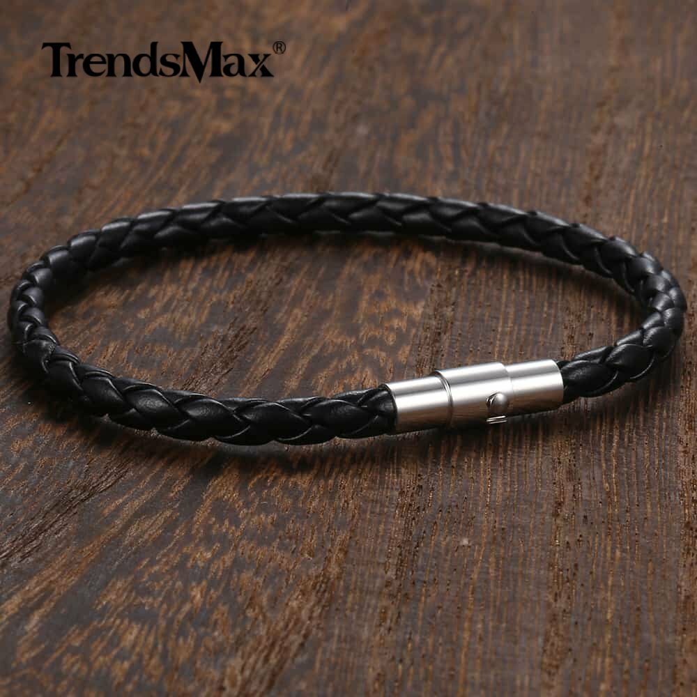 4/6/8mm Black Braided Cord Rope Man-made Leather Bracelet Magnetic Clasp 8-10″