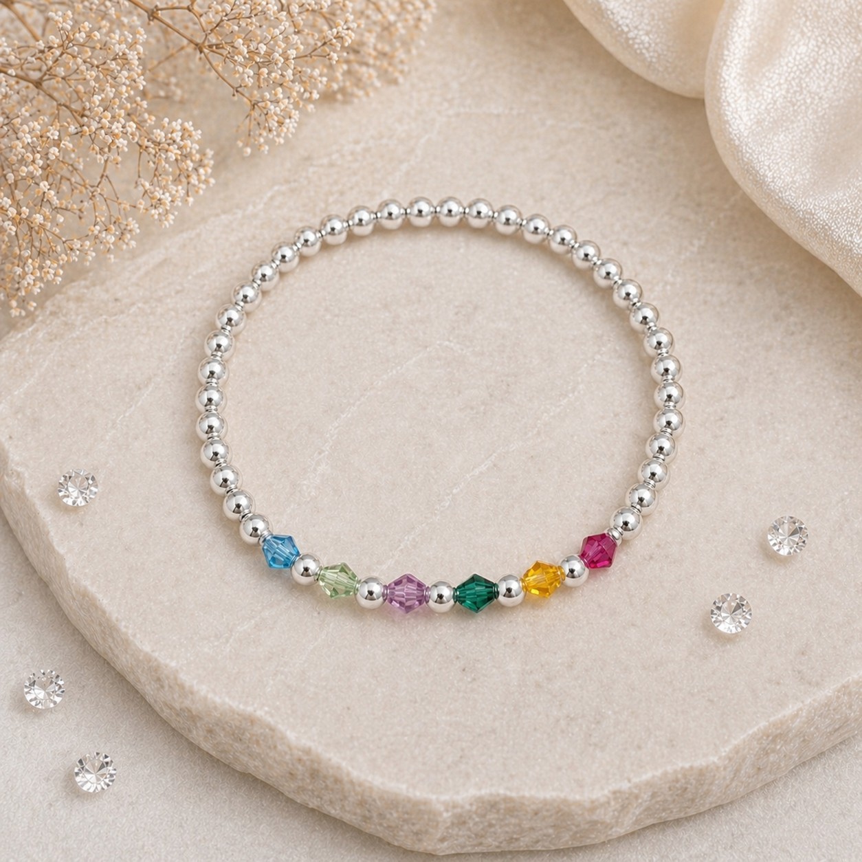 Personalised Family Birthstone Silver Beaded Bracelet Mother’s Day Gift for Her