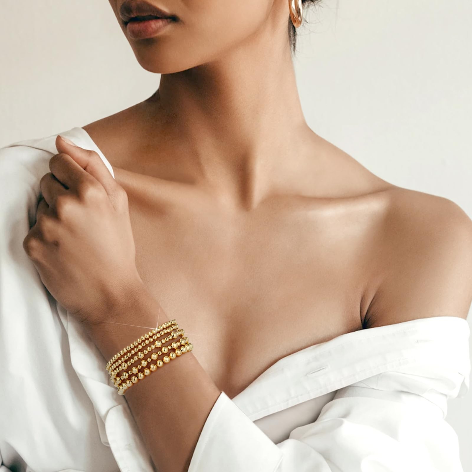 14K Gold Plated Beaded Stretch Bracelets Set for Women – Adjustable Jewelry