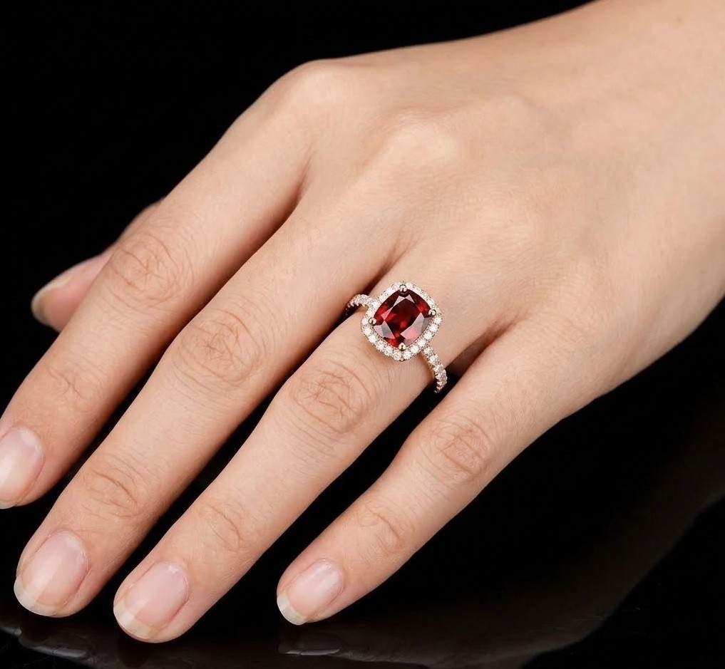 Cushion Garnet Halo Ring, Rose Gold Plated Sterling Silver, Dainty Red Gemstone