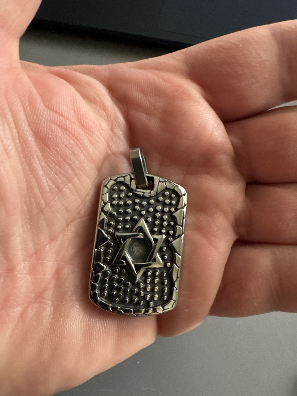 Stainless Steel Star of David Texture Dog Tag Pendant Jewish Chain Necklace Gift