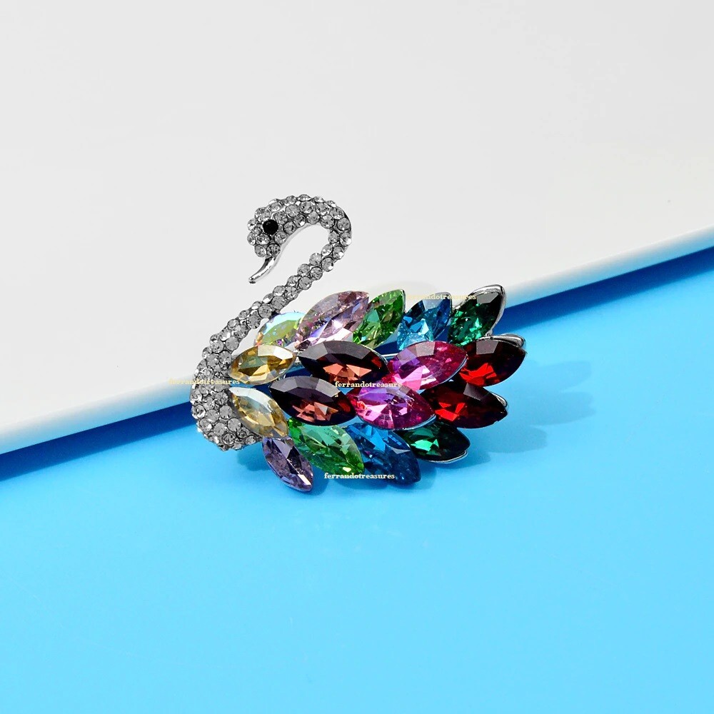 Swan Rainbow Multi Colored Crystal Rhinestone Brooch Pin with Gold Bag – VIDEO