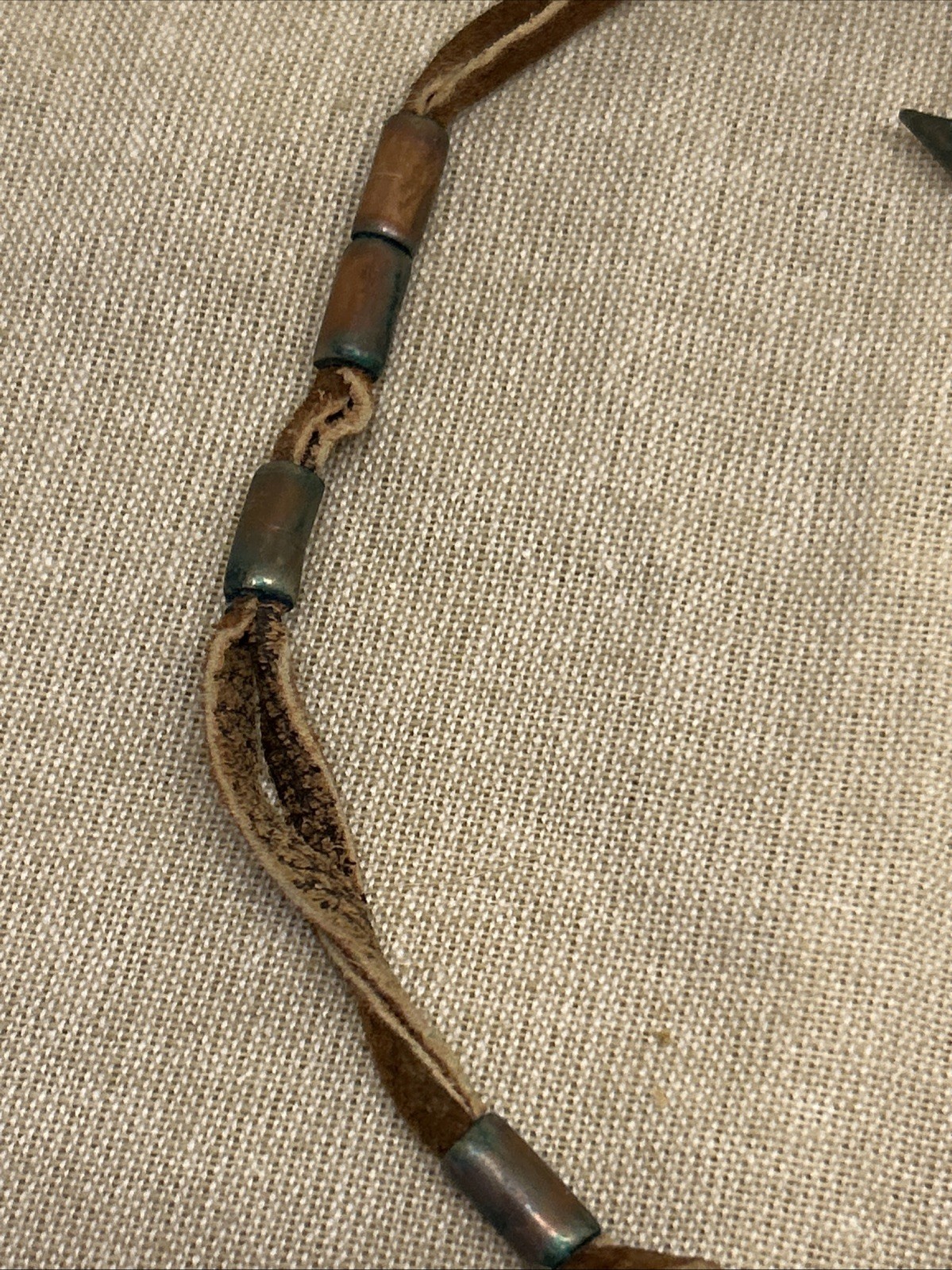 Set of Two Boho Tribal Style Necklaces Leather Cord Copper Metal Charms Beads