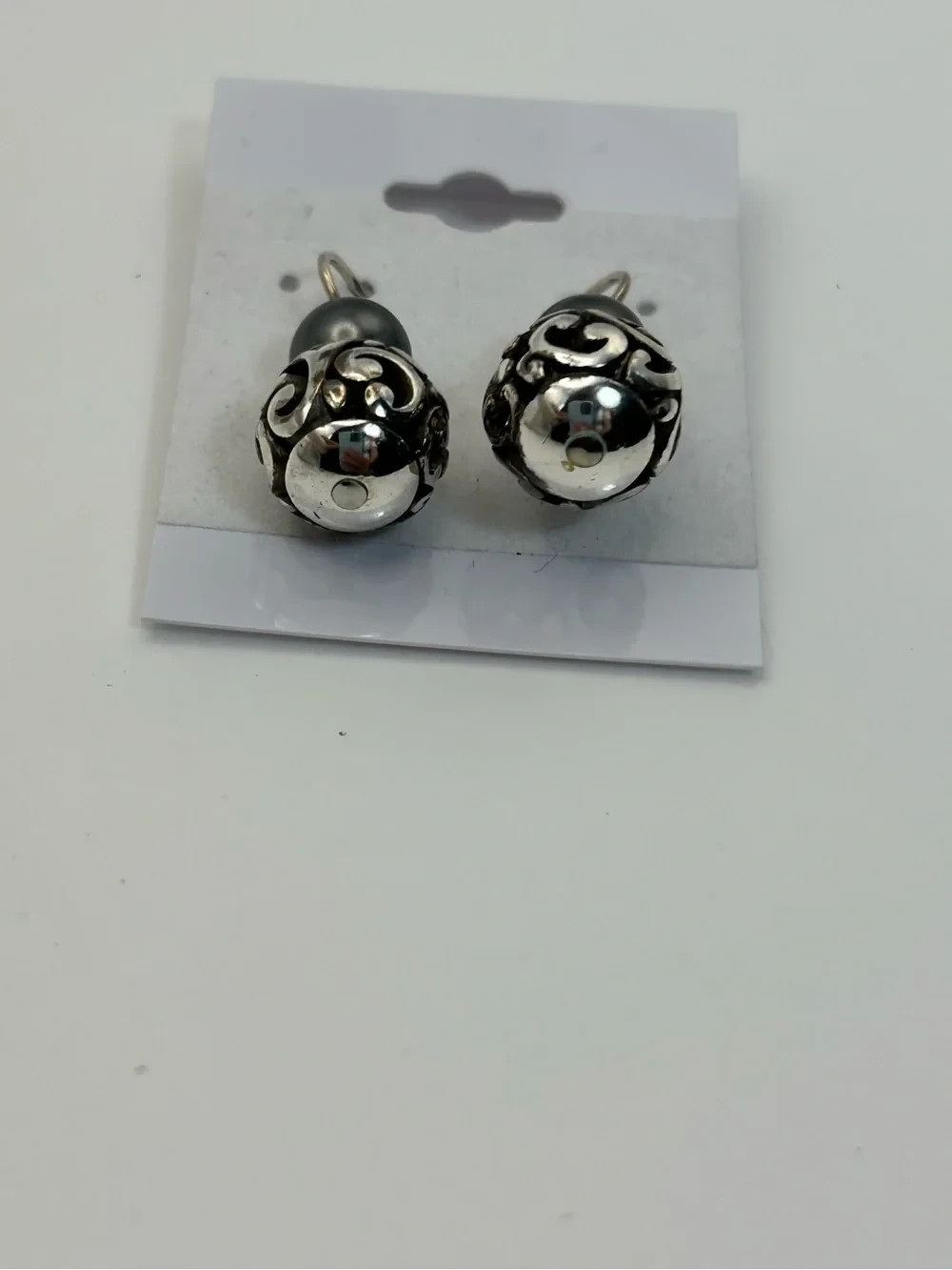 Brighton Contempo Gray Pearl Ball Earrings Silver Plated Dangle Drop 1″