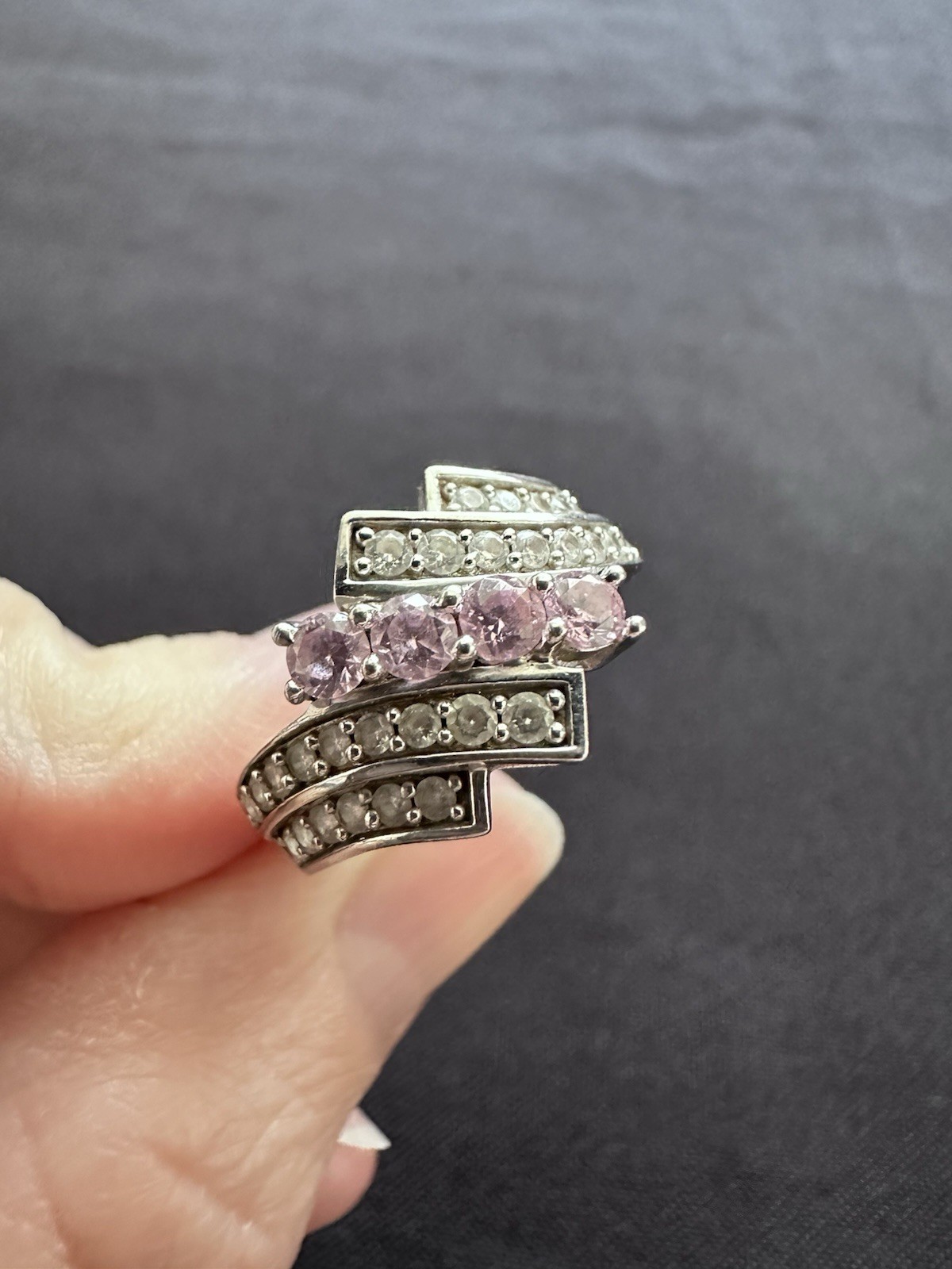 925 Sterling Silver Cubic Zirconia Clear Pink Cocktail Channel Set Wave Size M