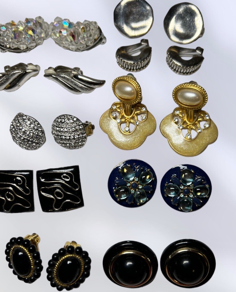 Lot Of 23 Vintage Pairs Clip On Screw Earrings Rhinestone Ceramic Enamel