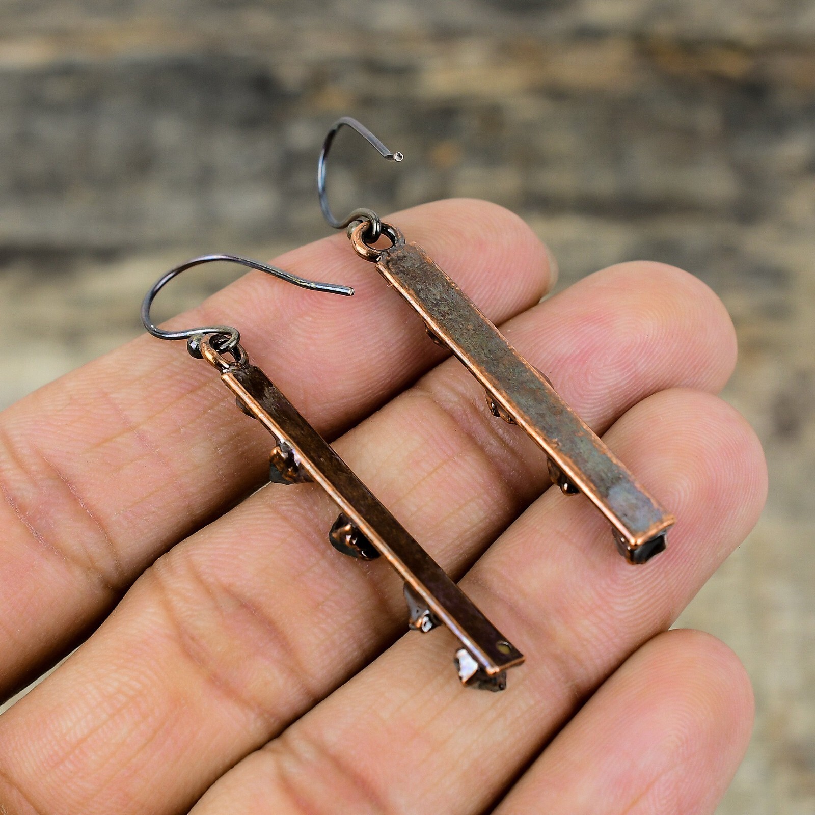 Green Tourmaline Rough Copper Gift For Briedsmaid Electroformed Earrings 2.2″