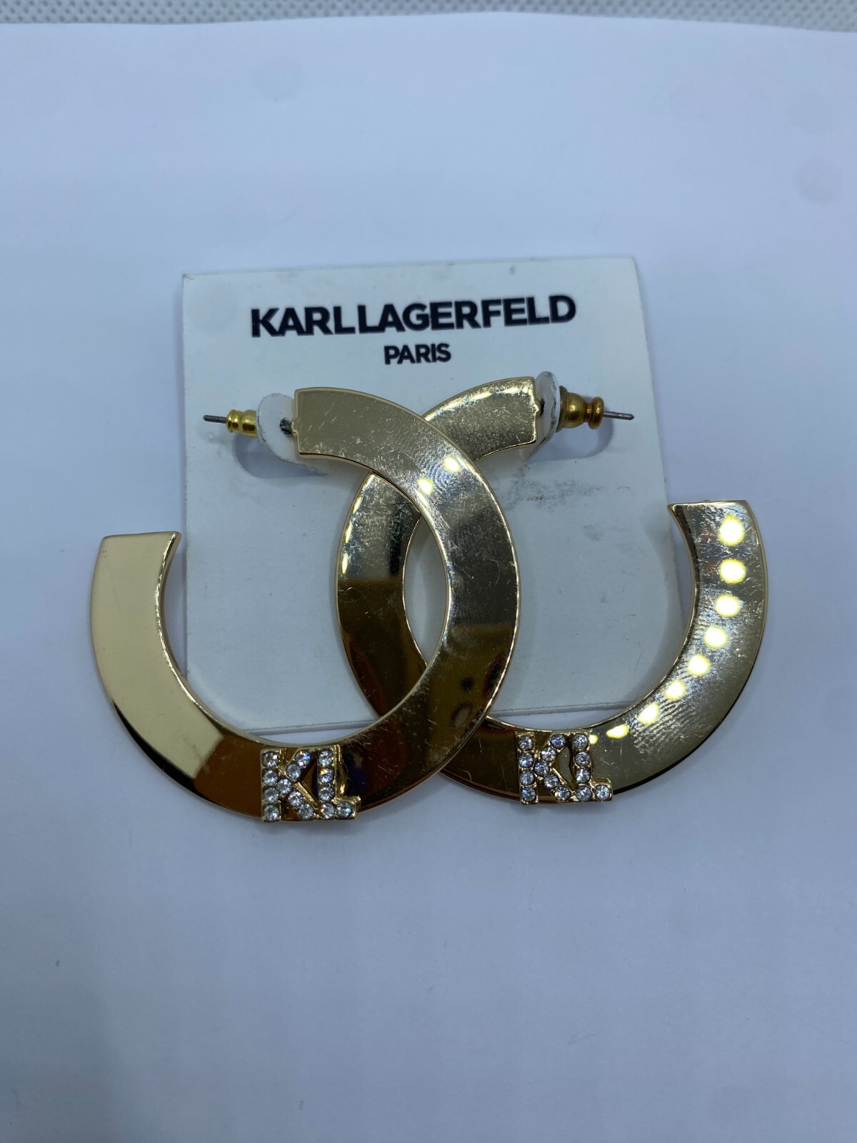 Karl Lagerfeld Gold Plated Flat Hoop Pierced Earrings Crystal KL Logo